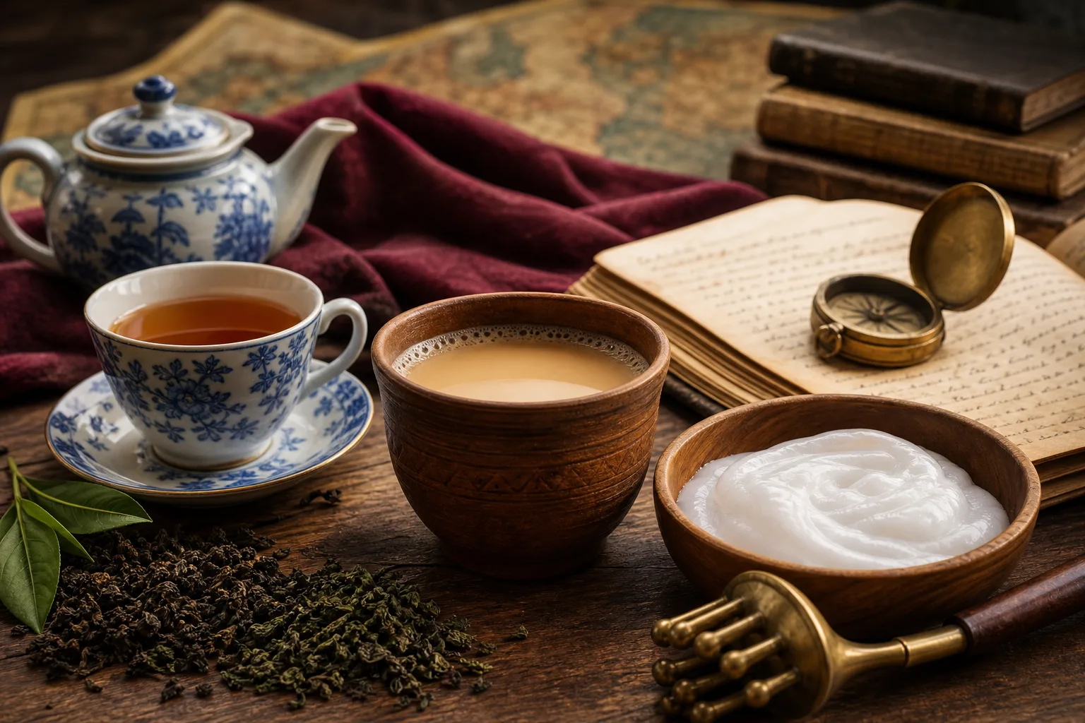 Wooden table with tea leaves, blue and white teapot and teacup, wooden cups with milk and cream