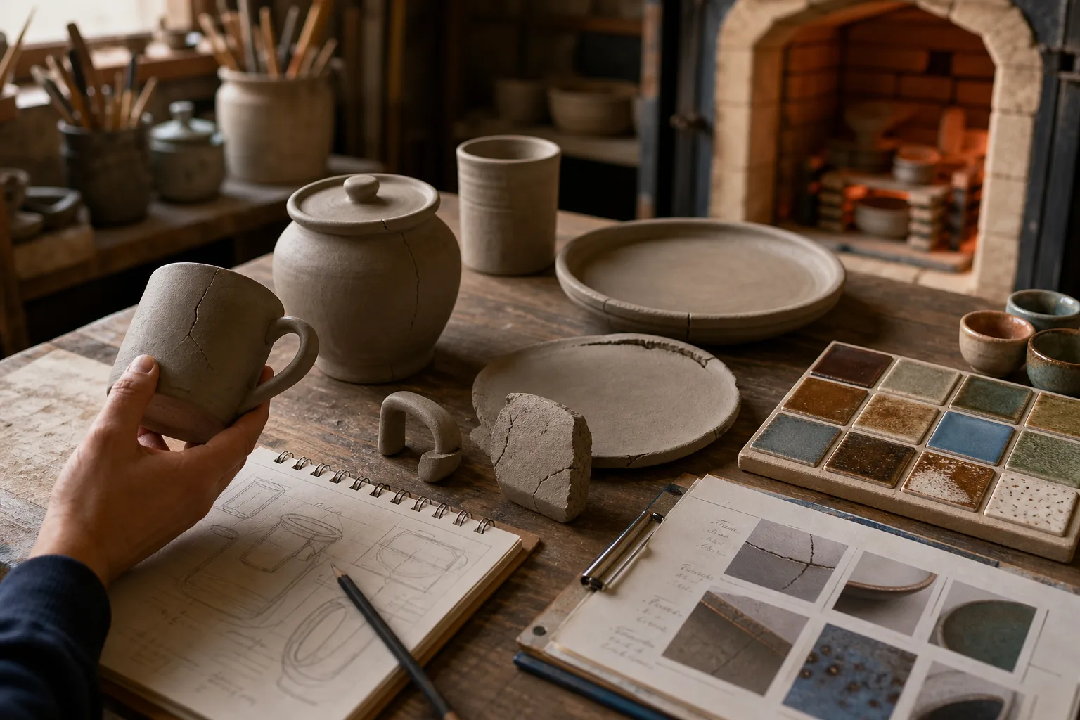 Hand holding a cracked clay mug surrounded by pottery sketches, cracked clay pieces, and color glazes on a wooden table