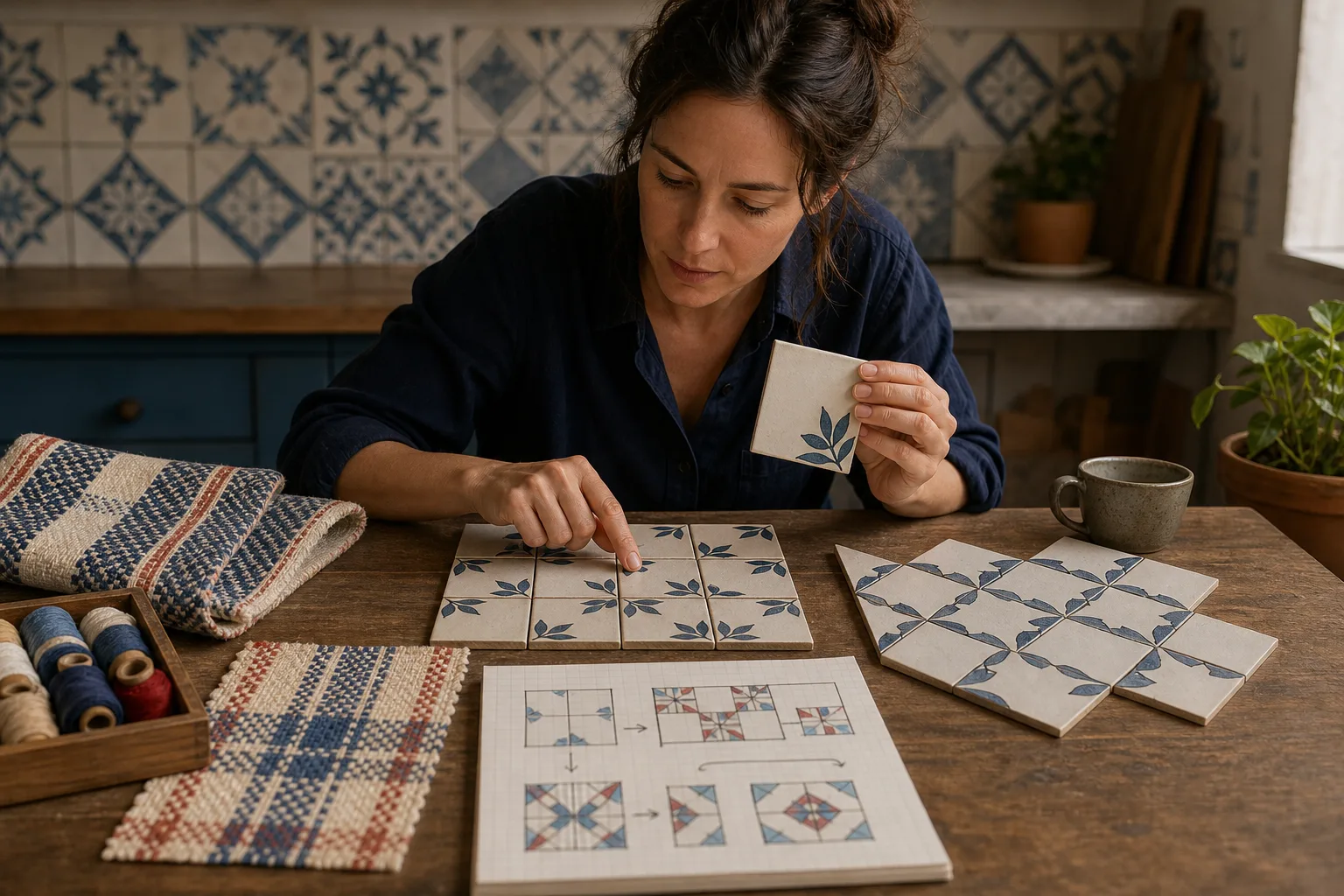 Woman arranging ceramic tiles with blue leaf patterns on a wooden table with woven cloth and pattern sketches