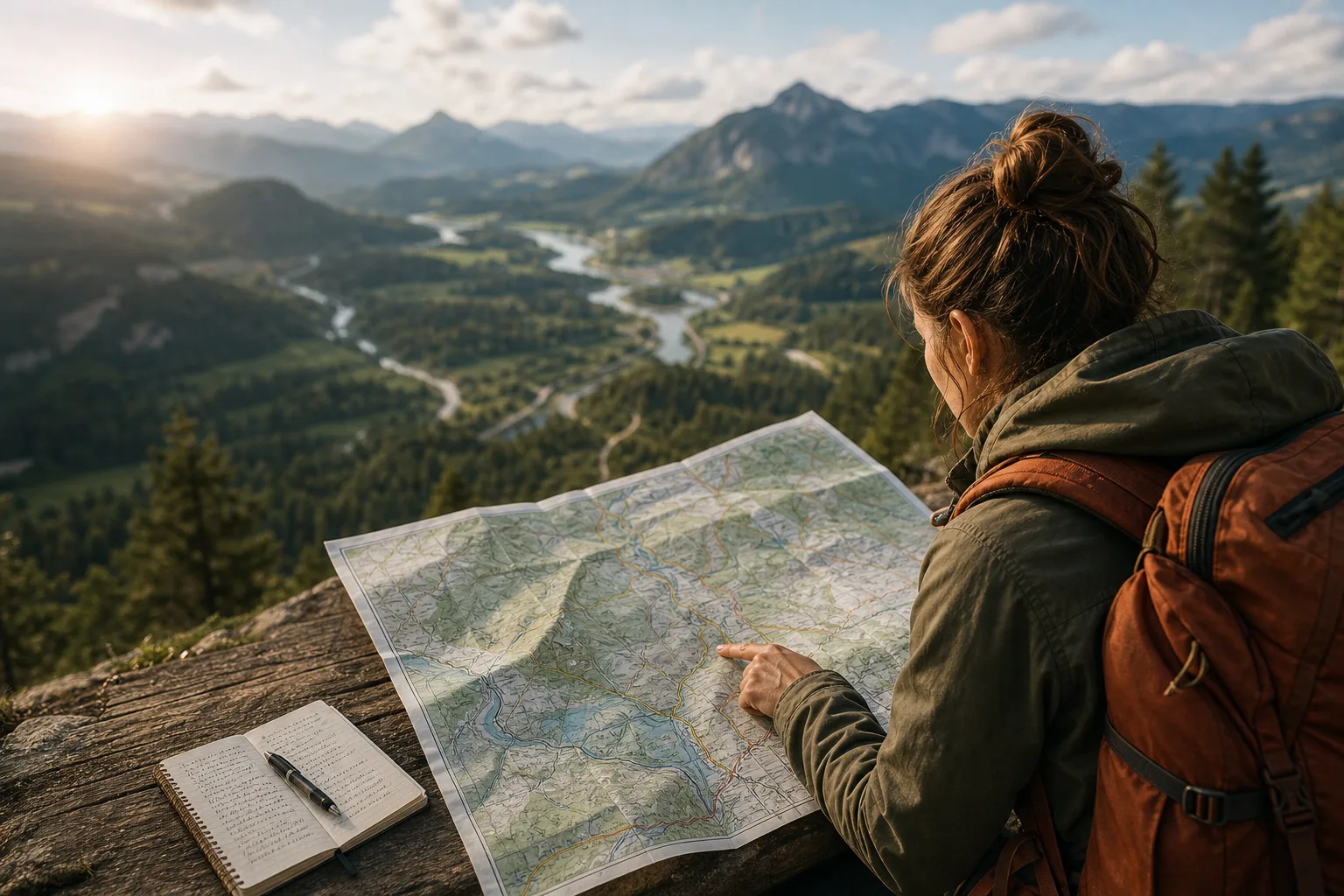 Person with backpack studying a map on a wooden surface overlooking a sunlit mountainous landscape