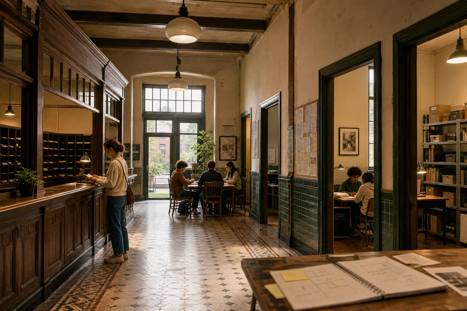People studying and working in a vintage hallway with tiled floors and wooden interiors